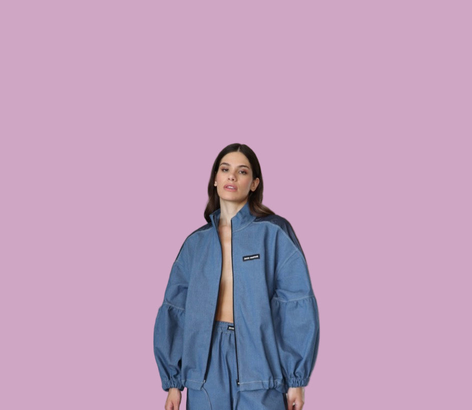 Long denim jacket with zipper and drawstring and pants