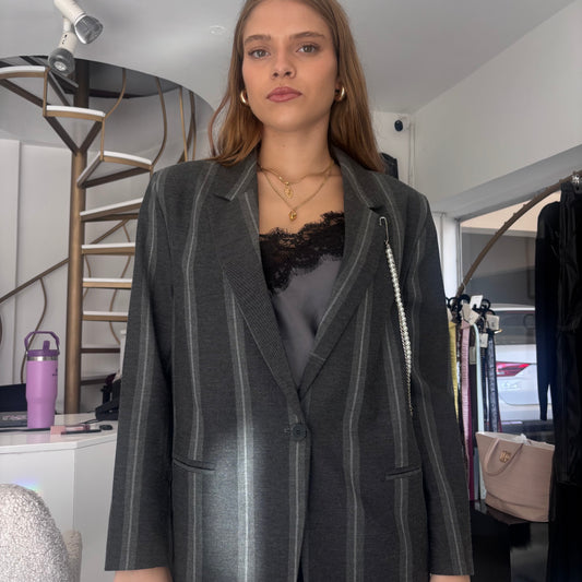 Gray striped blazer with chain