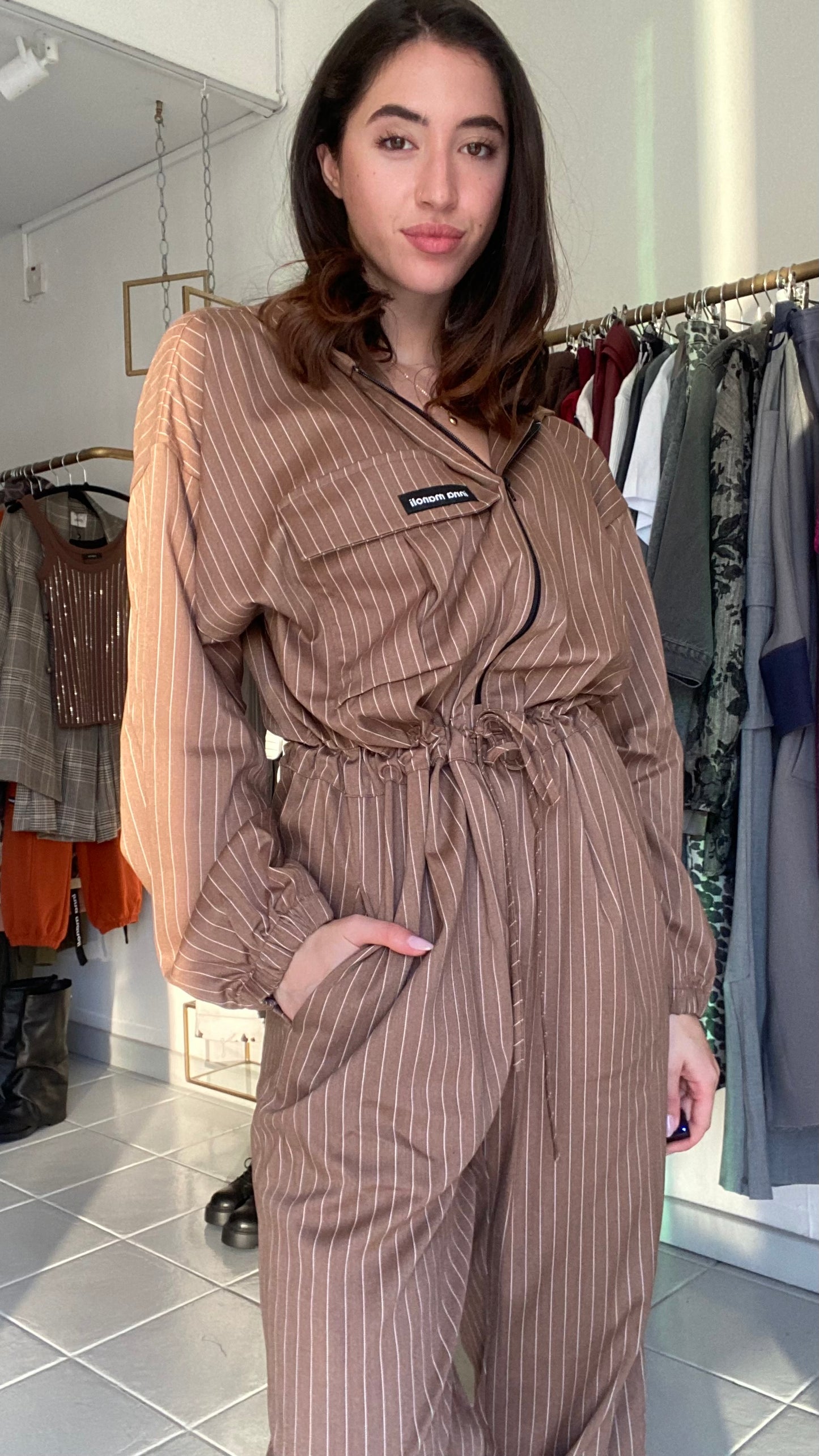 Striped jumpsuit with hoodie