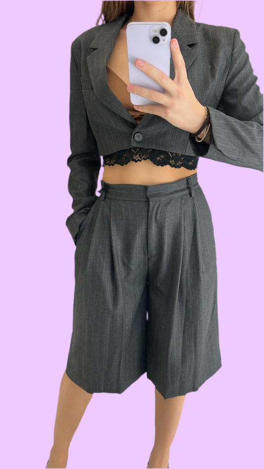 Grey striped below knee bermuda