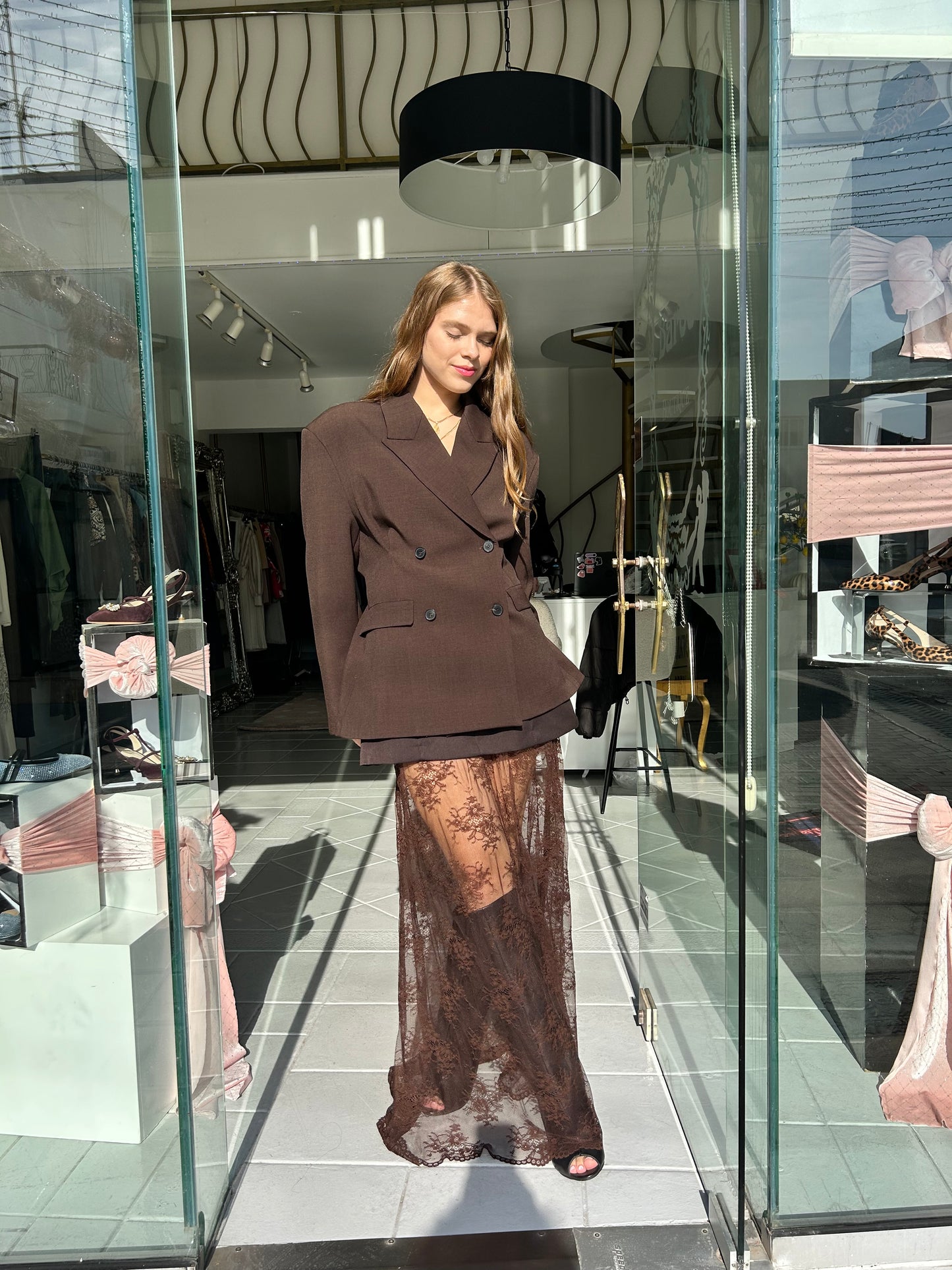 Brown retro flared blazer with ruffles