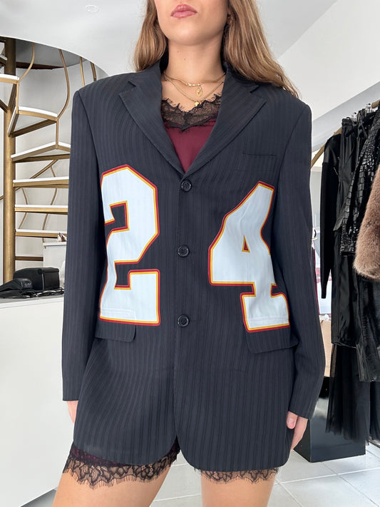 Midnight blue blazer with numbers on the front