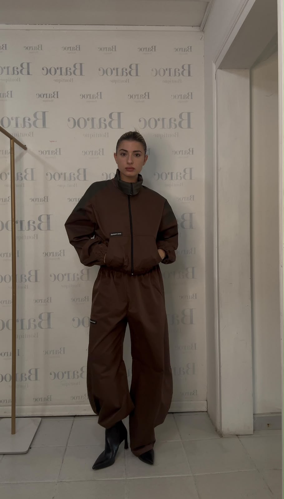 Brown waterproof jacket and barrel trouser Baroc Boutique