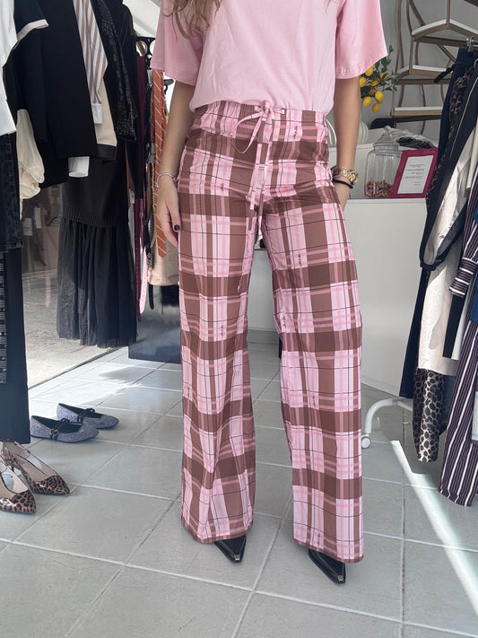 Pink plaid pants with signature print