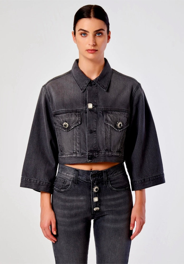 Black jean jacket with jewel button