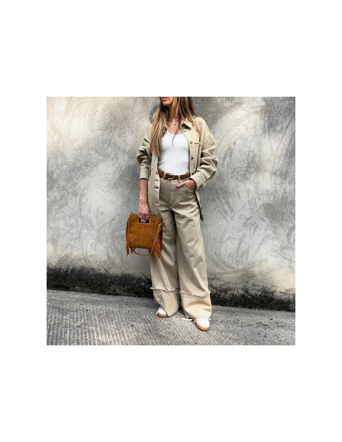 Beige wide leg denim pants