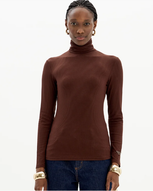Brown Ribbed High Neck Blouse