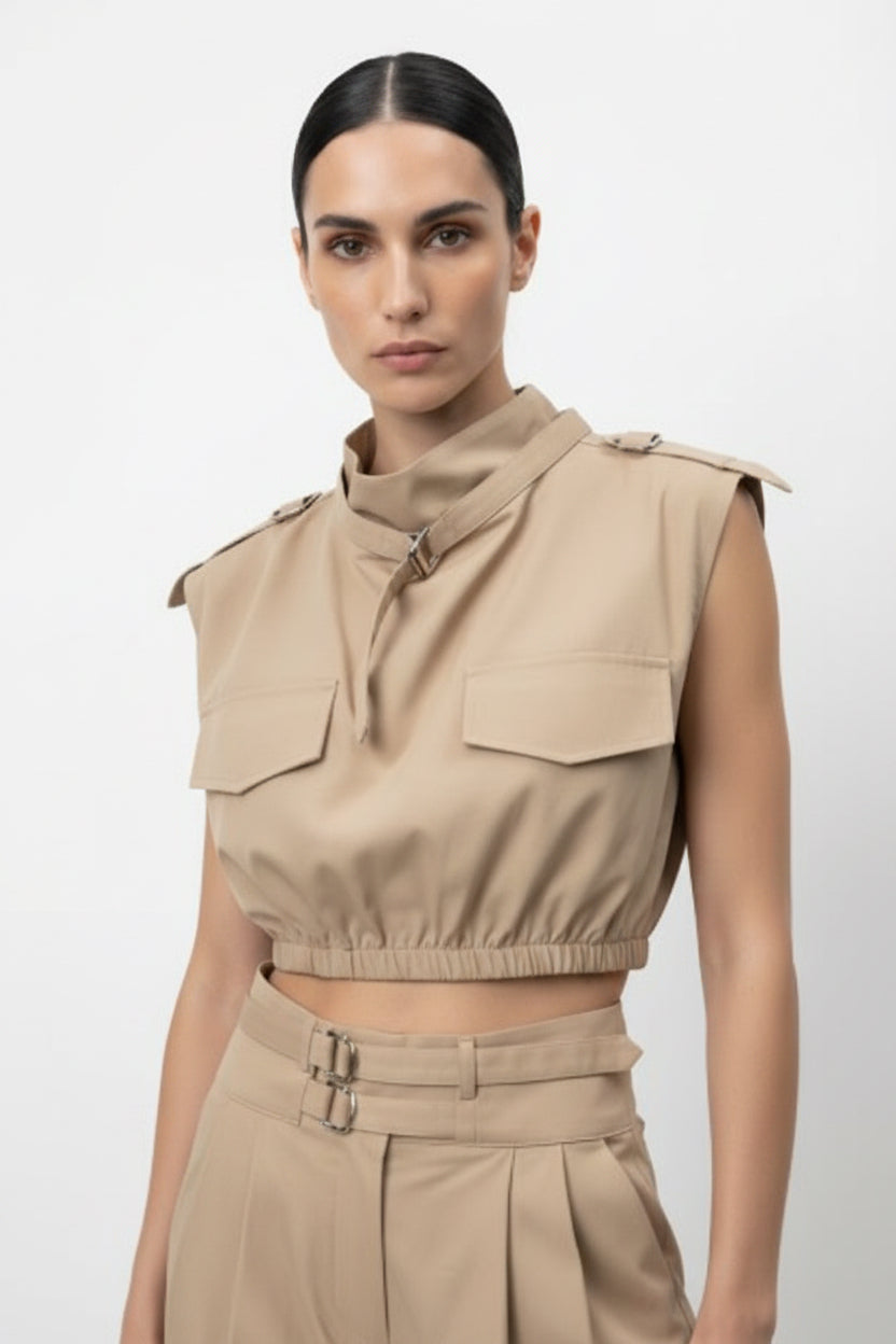 Beige crop top with elastic band Baroc Boutique