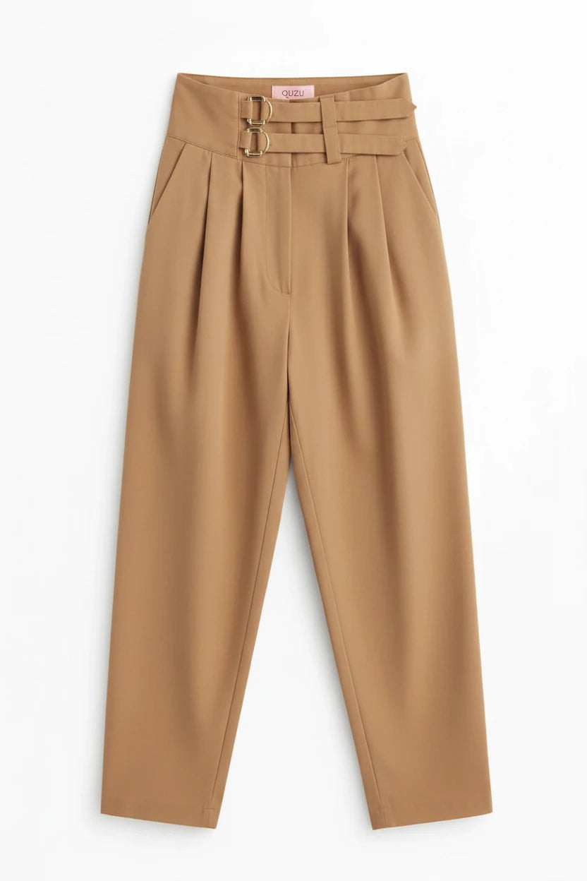 Beige high waisted trouser with buckles Baroc Boutique