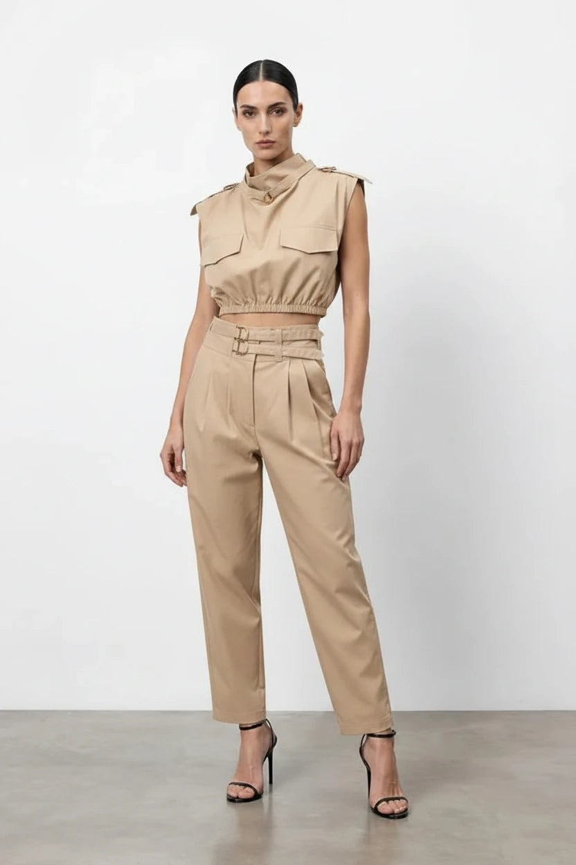 Beige high waisted trouser with buckles Baroc Boutique