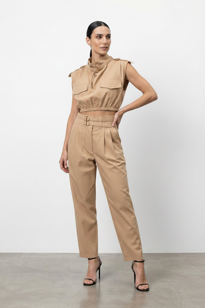 Beige high waisted trouser with buckles Baroc Boutique