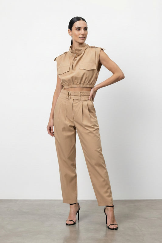 Beige high waisted trouser with buckles Baroc Boutique