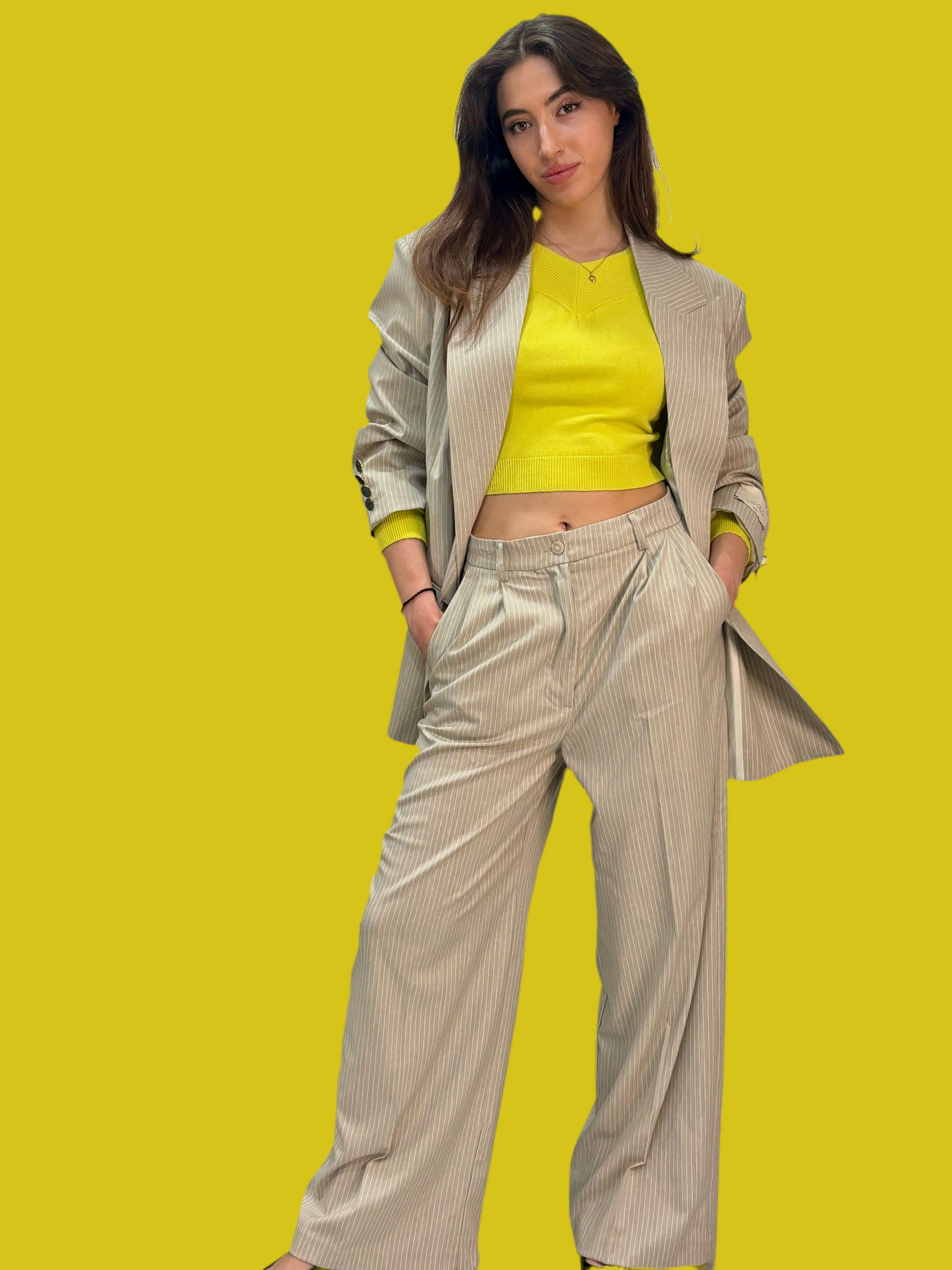 Beige pin stripe wide leg pants Baroc Boutique