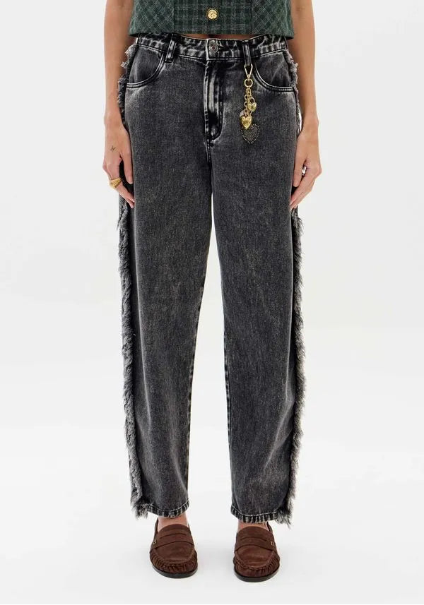 Black denim pants with fringes on the side Baroc Boutique