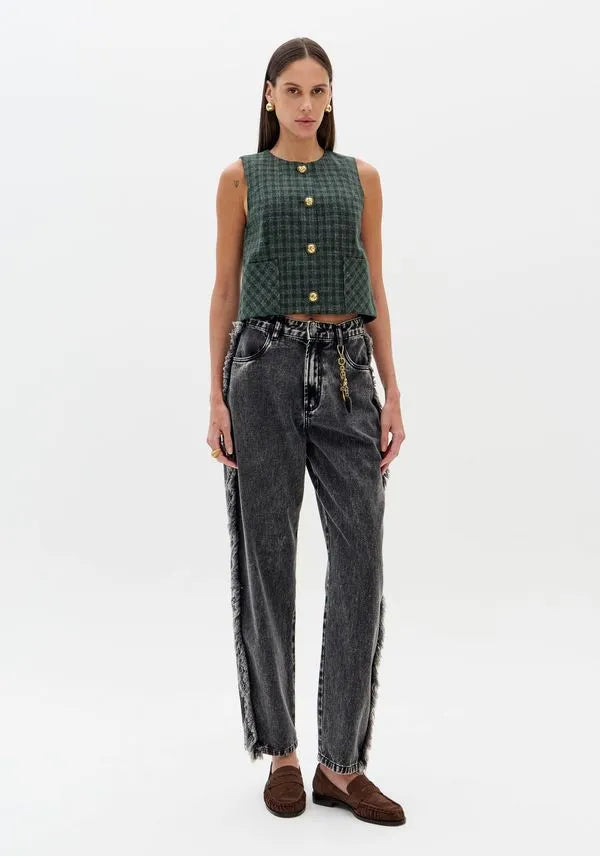 Black denim pants with fringes on the side Baroc Boutique