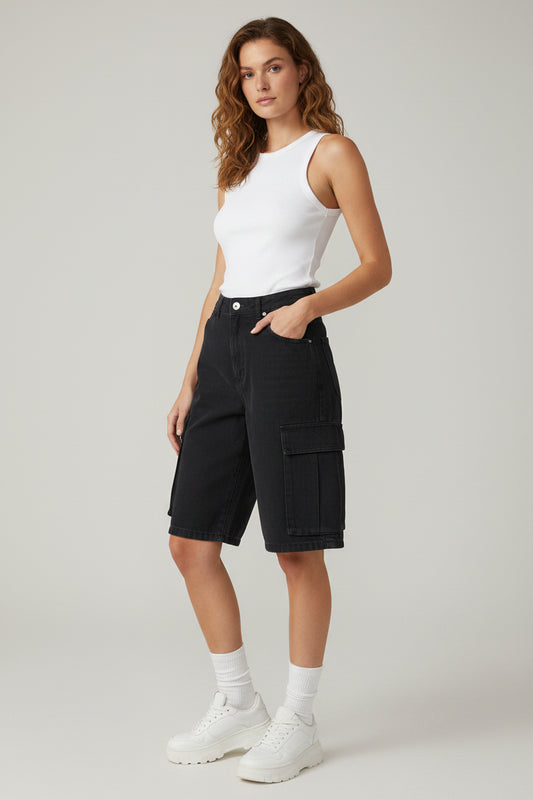 Black High-Waisted Mid-Length Denim Bermuda Shorts Baroc Boutique