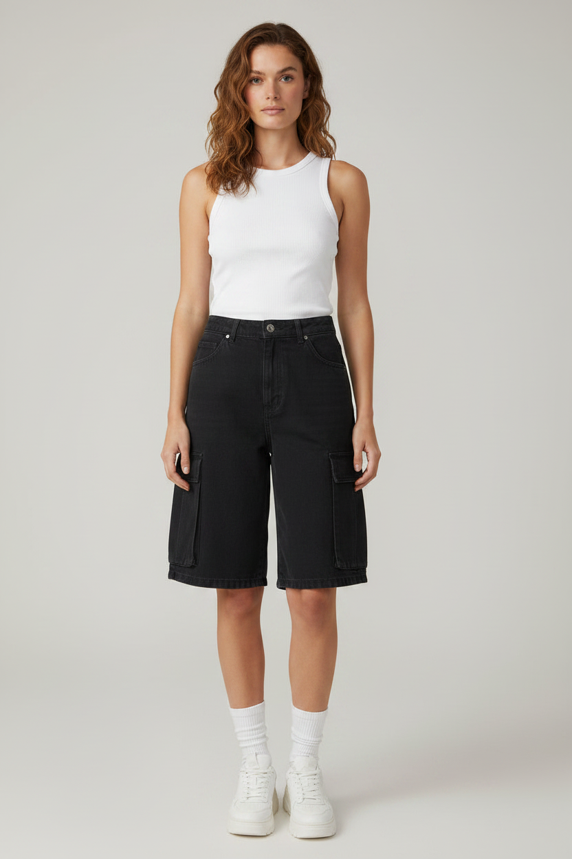 Black High-Waisted Mid-Length Denim Bermuda Shorts Baroc Boutique