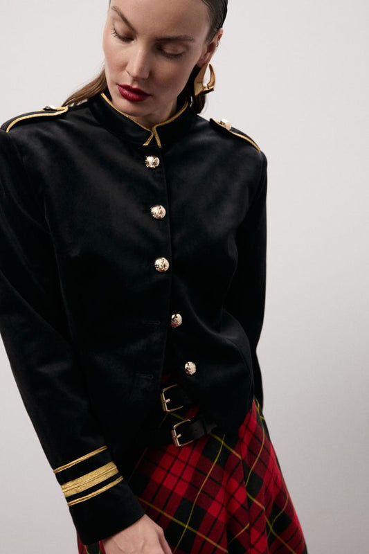 Black velour cropped blazer with gold buttons Baroc Boutique