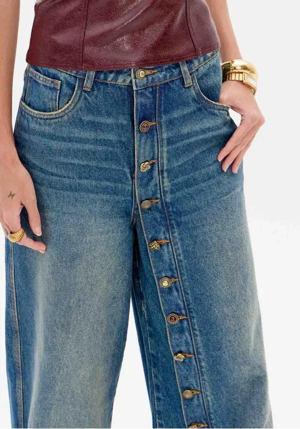 Blue denim high waist pants with buttons Baroc Boutique