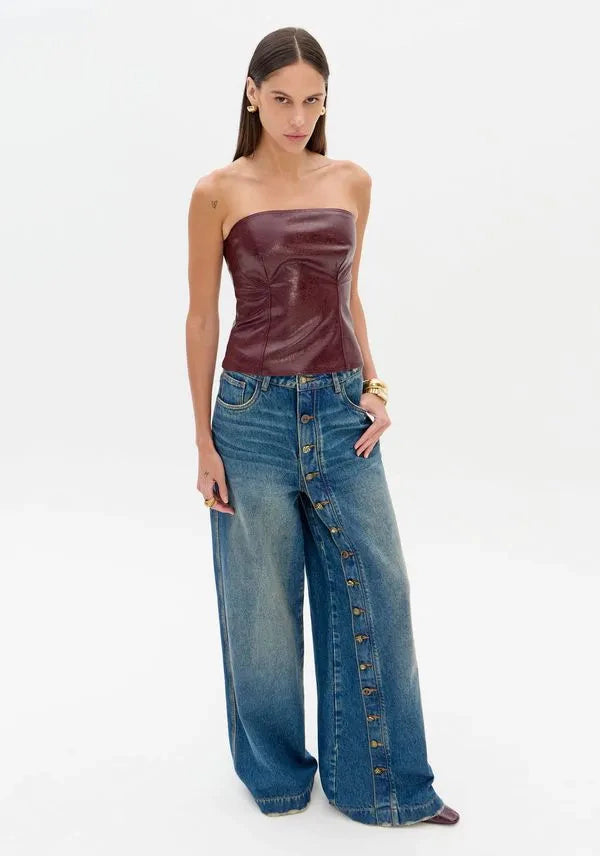 Blue denim high waist pants with buttons Baroc Boutique