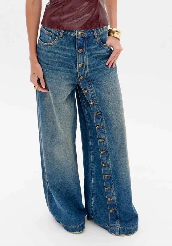 Blue denim high waist pants with buttons Baroc Boutique