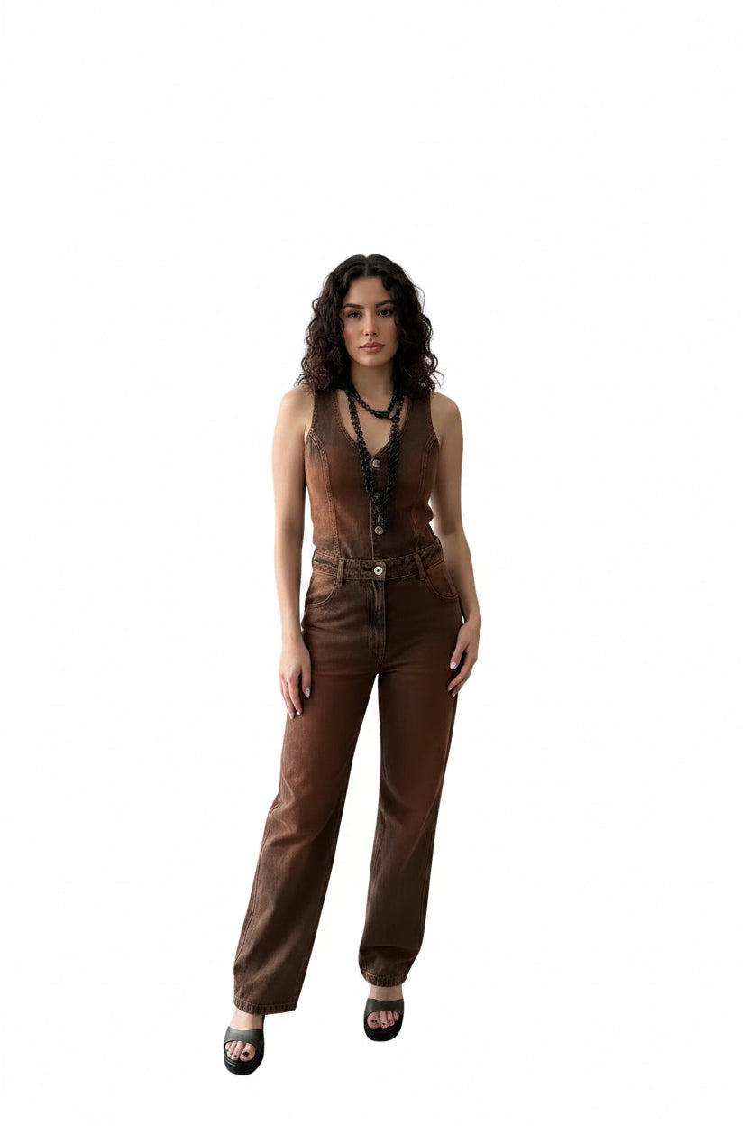 Brown denim backless jumpsuit Baroc Boutique