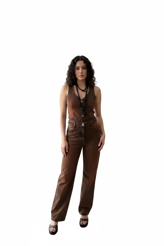 Brown denim backless jumpsuit Baroc Boutique