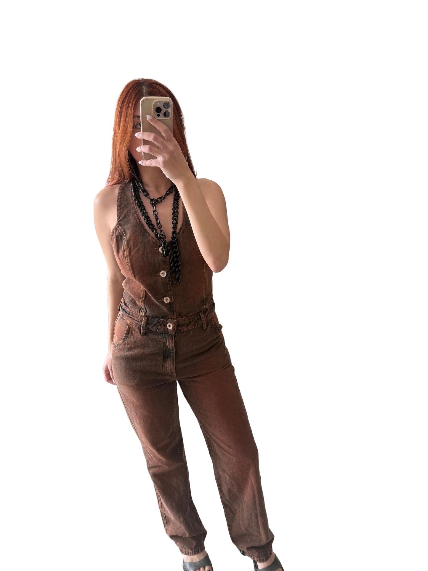 Brown denim backless jumpsuit Baroc Boutique