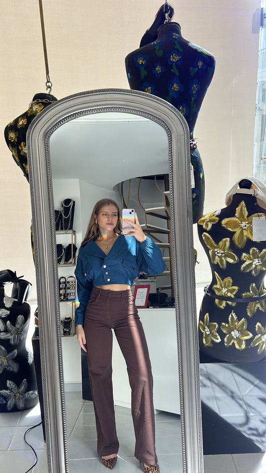 Brown denim high waist pants Baroc Boutique