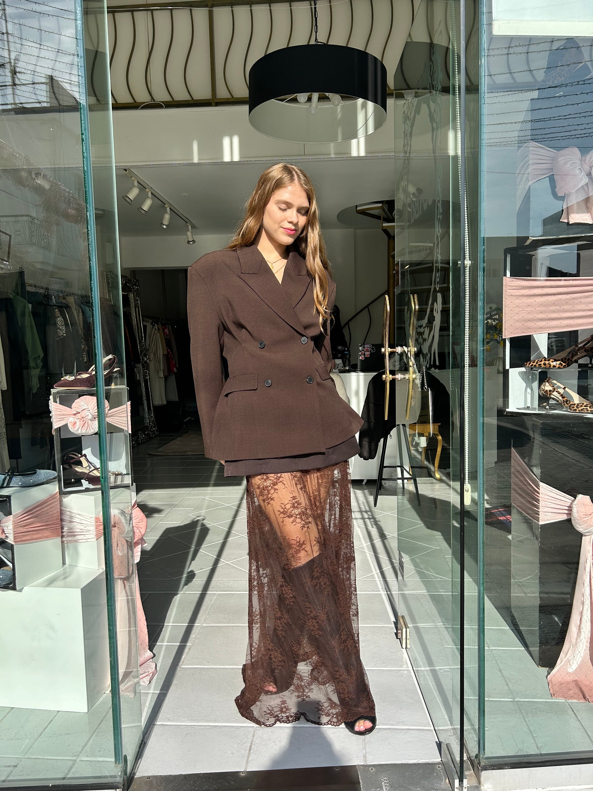 Brown retro flared blazer with ruffles Baroc Boutique