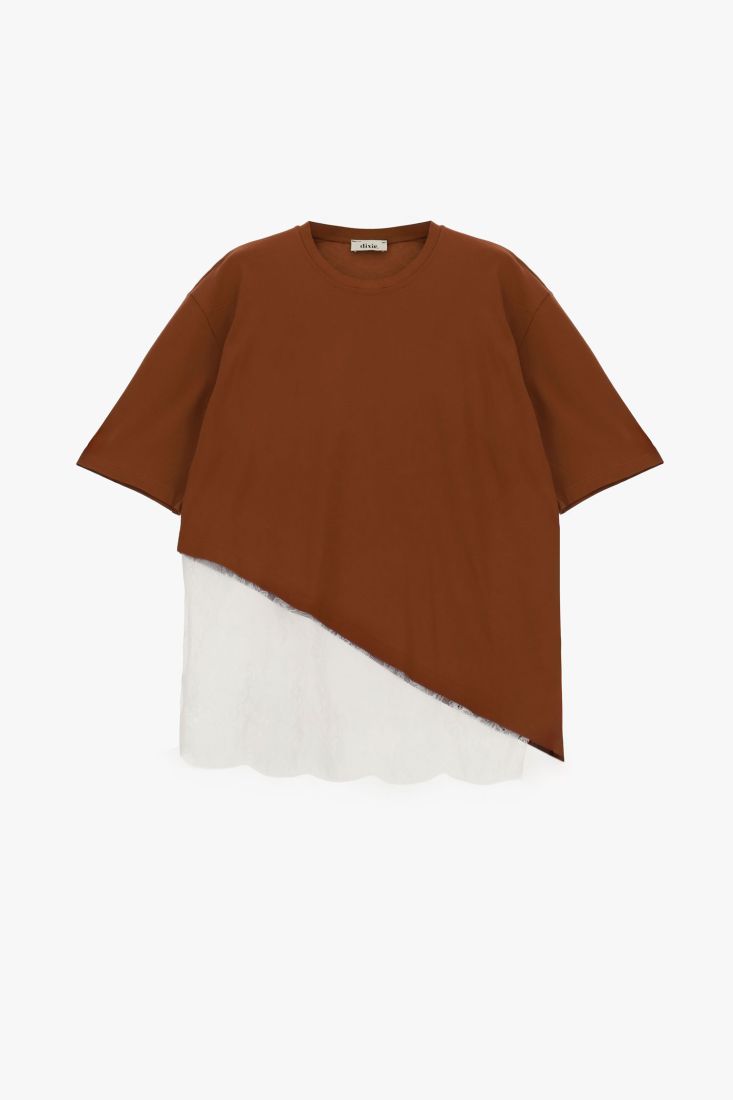 Brown T-shirt with asymmetric hem and lace trim Baroc Boutique