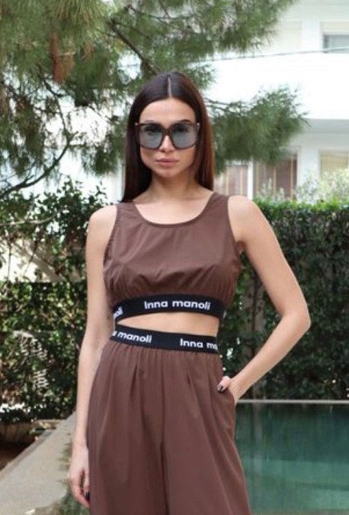 Brown taftan crop top with logo Baroc Boutique