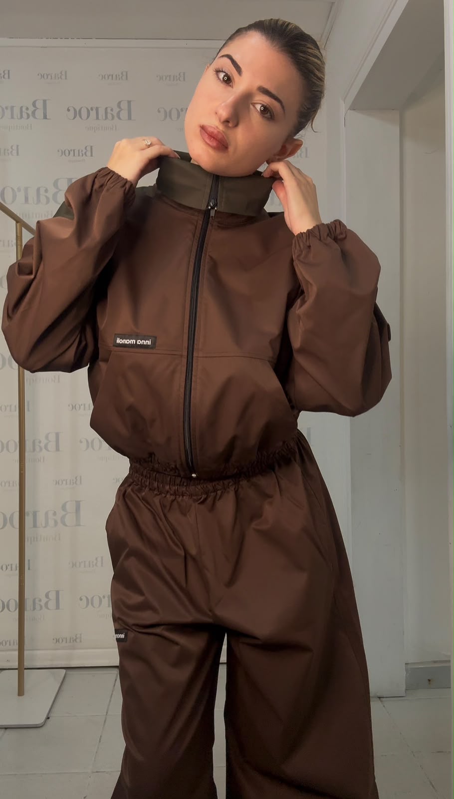Brown waterproof jacket and barrel trouser Baroc Boutique