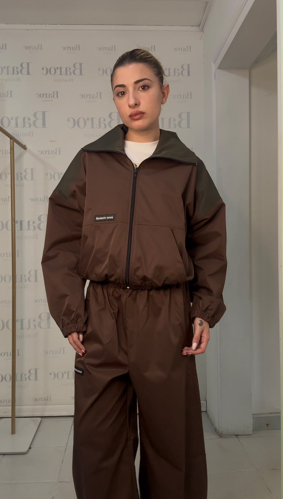 Brown waterproof jacket and barrel trouser Baroc Boutique