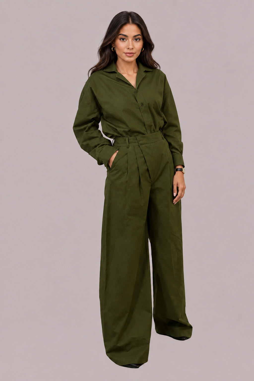 Chaki set with pointed collar shirt, and wide leg pants Baroc Boutique