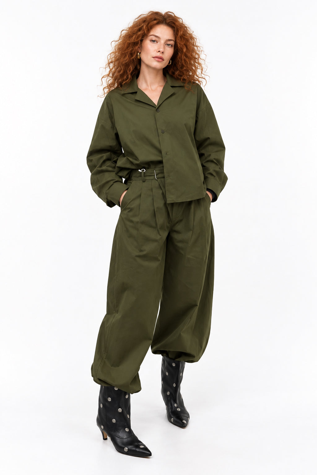 Chaki set with pointed collar shirt, and wide leg pants Baroc Boutique