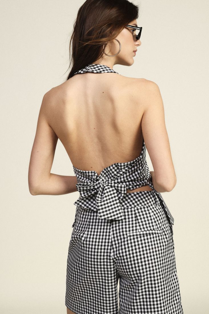 Checked halter neck top with back tie detail Baroc Boutique