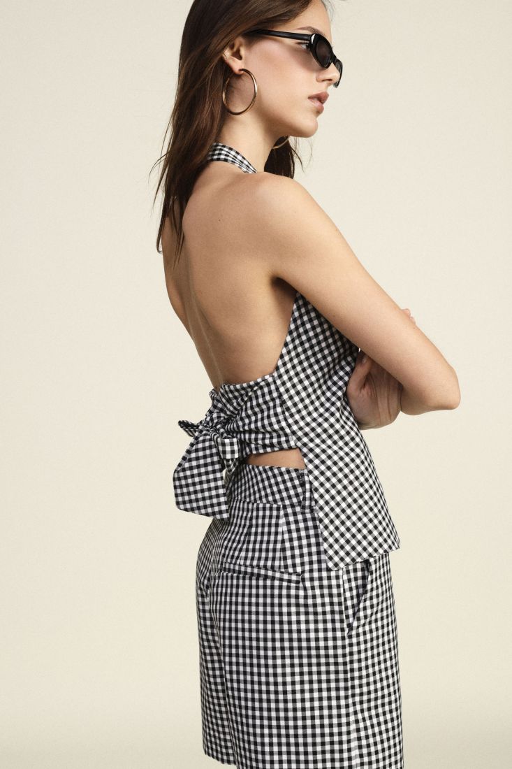 Checked halter neck top with back tie detail Baroc Boutique