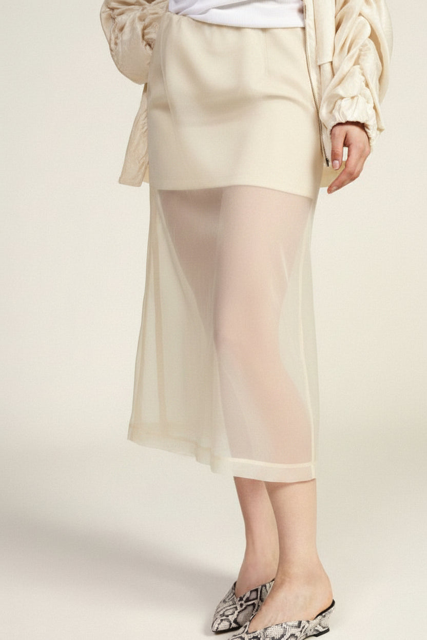 Cream Mid-length high waist skirt with sheer overlay Baroc Boutique