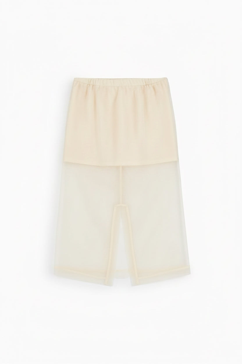 Cream Mid-length high waist skirt with sheer overlay Baroc Boutique