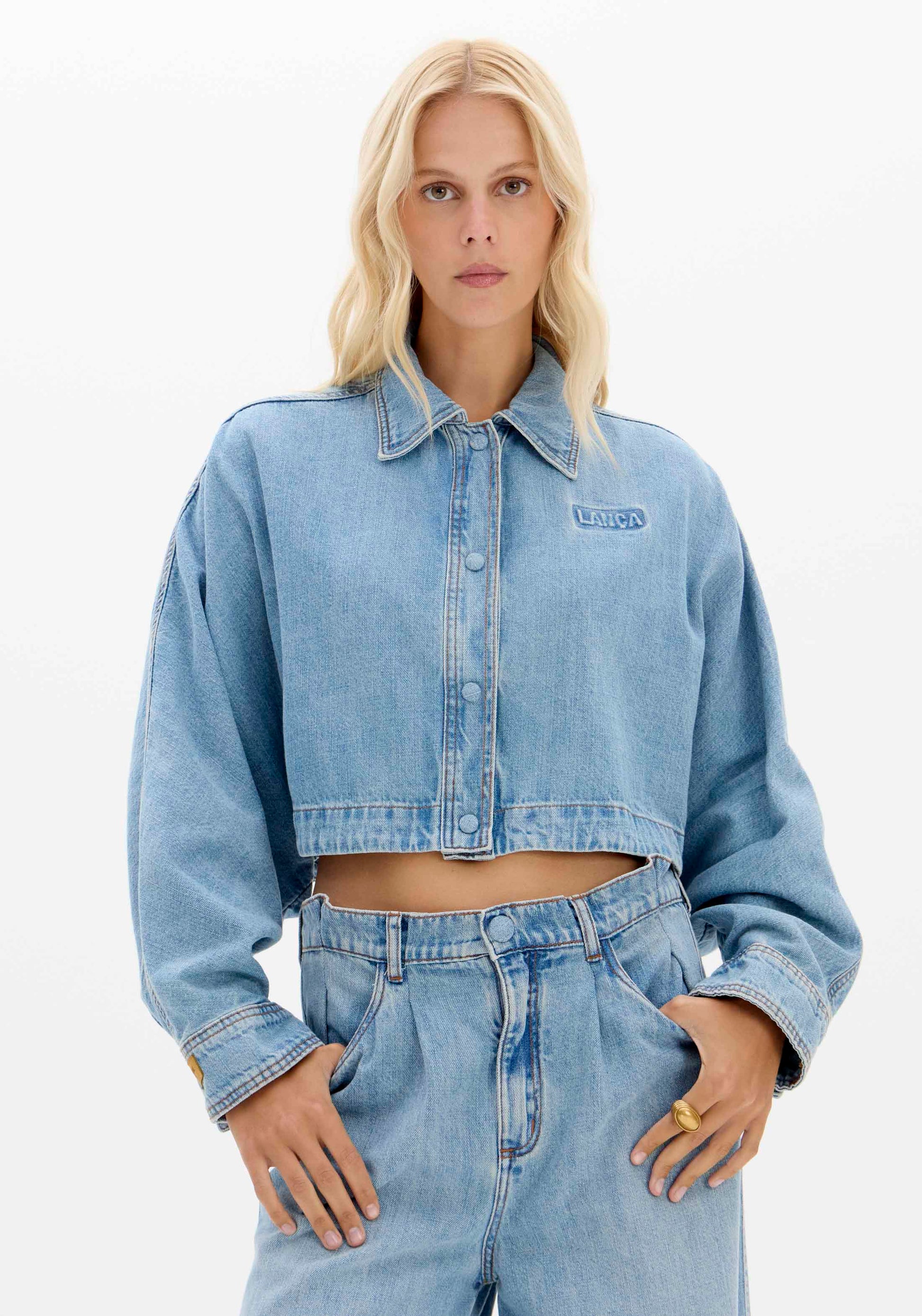 Cropped Denim Long-Sleeve Shirt Baroc Boutique