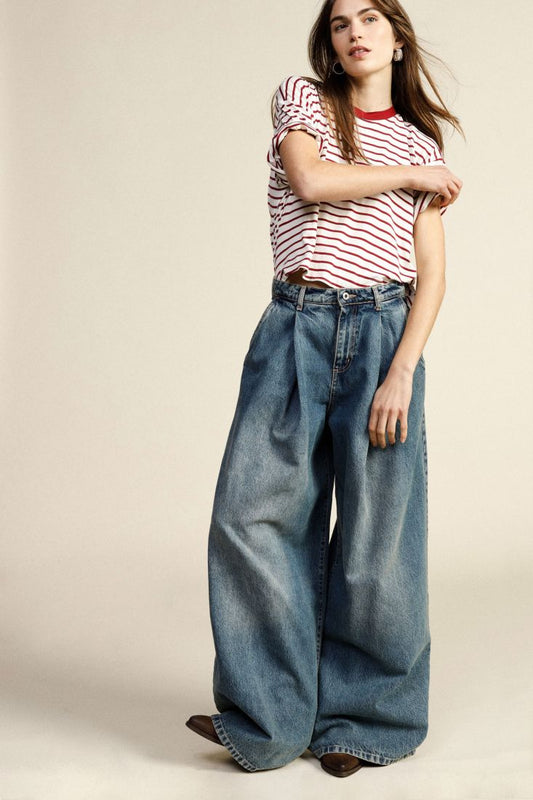Denim wide leg high waisted pants with pleats Baroc Boutique
