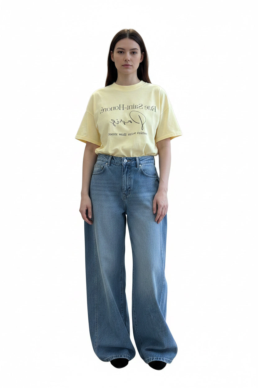 Denim wide leg pants with pleats on the side Baroc Boutique