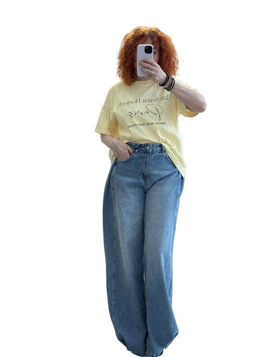 Denim wide leg pants with pleats on the side Baroc Boutique