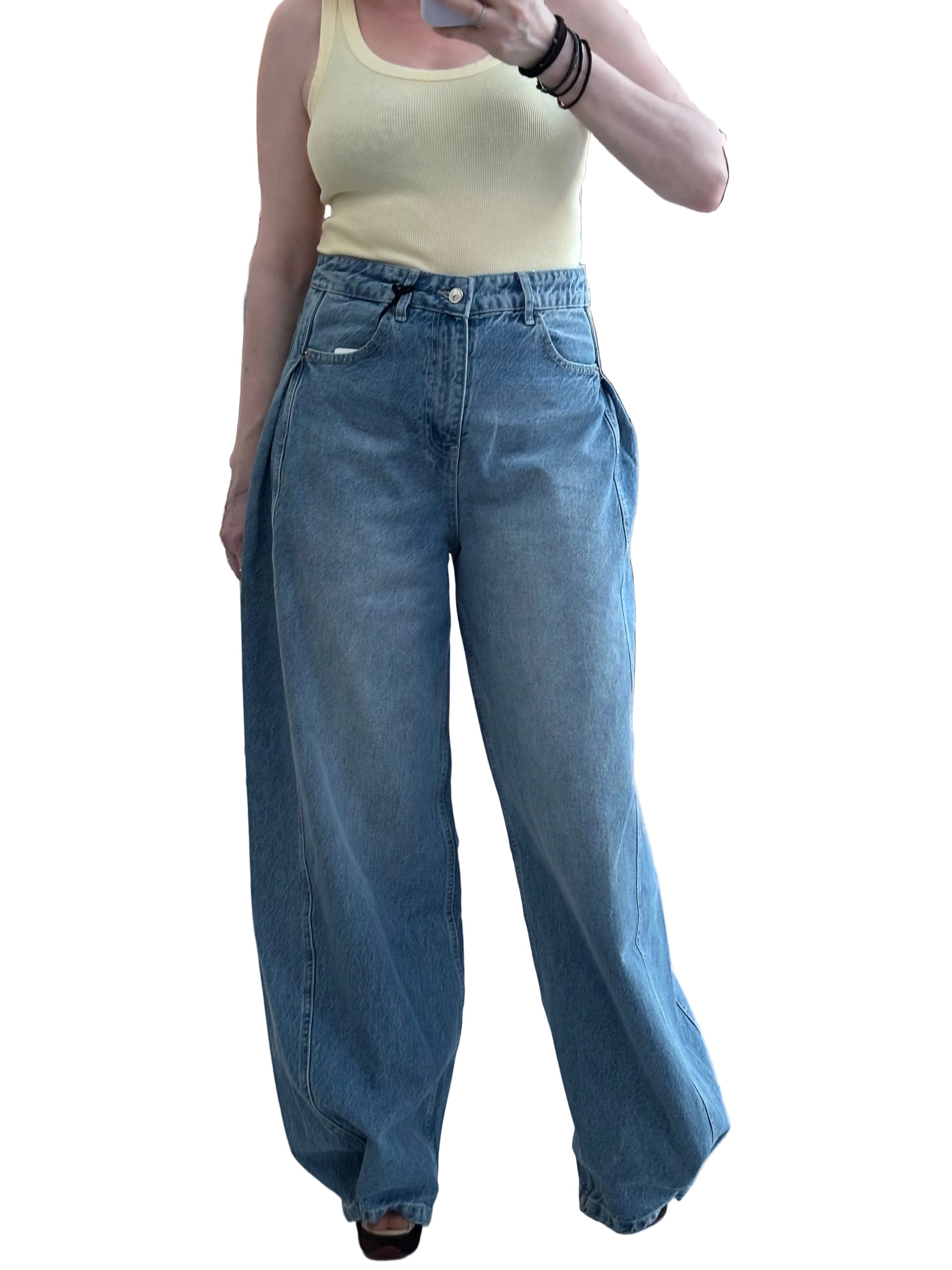Denim wide leg pants with pleats on the side Baroc Boutique