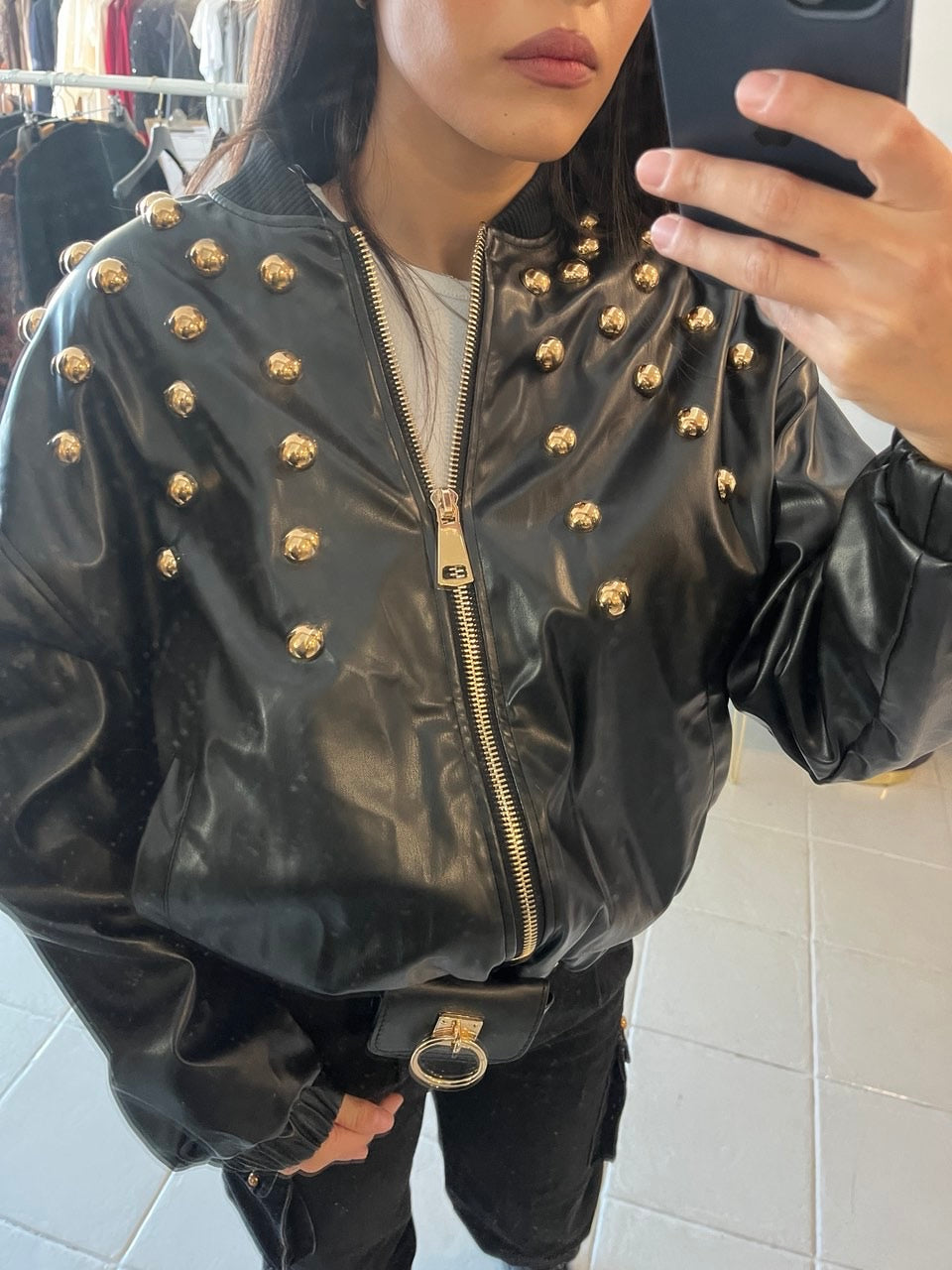 Eco leather bomber with gold studs Baroc Boutique