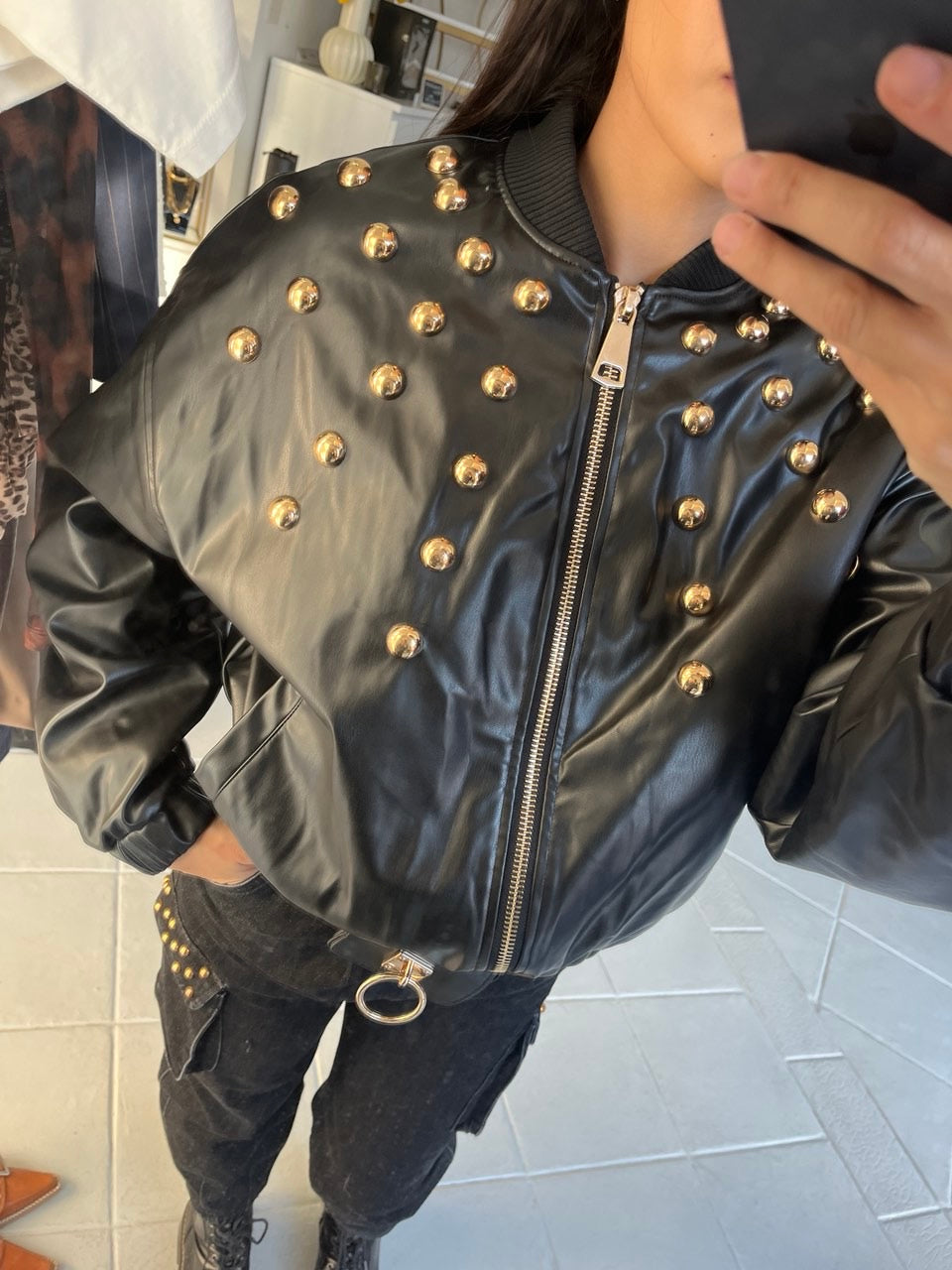 Eco leather bomber with gold studs Baroc Boutique