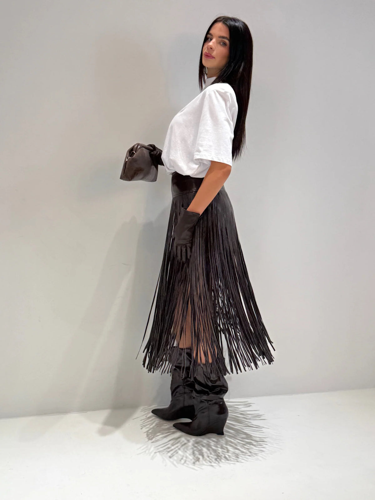 Faux leather maxi fringe skirt Baroc Boutique