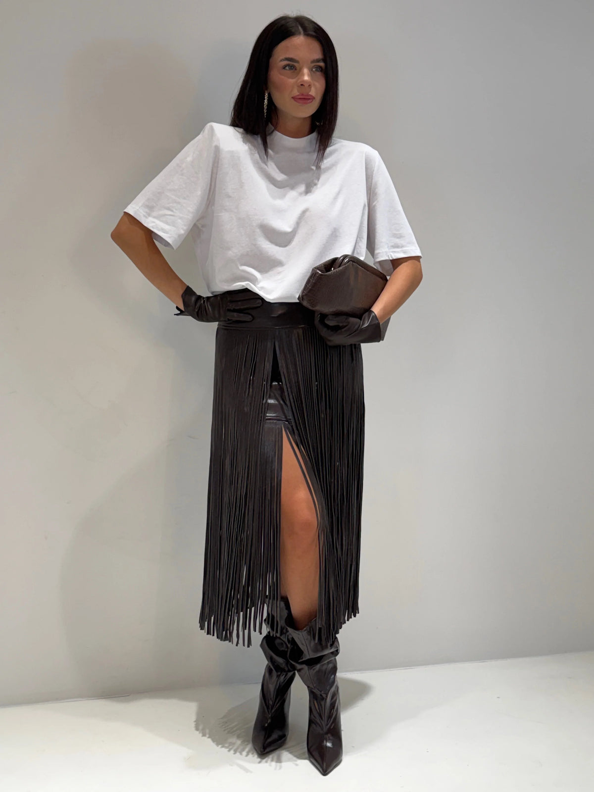 Faux leather maxi fringe skirt Baroc Boutique