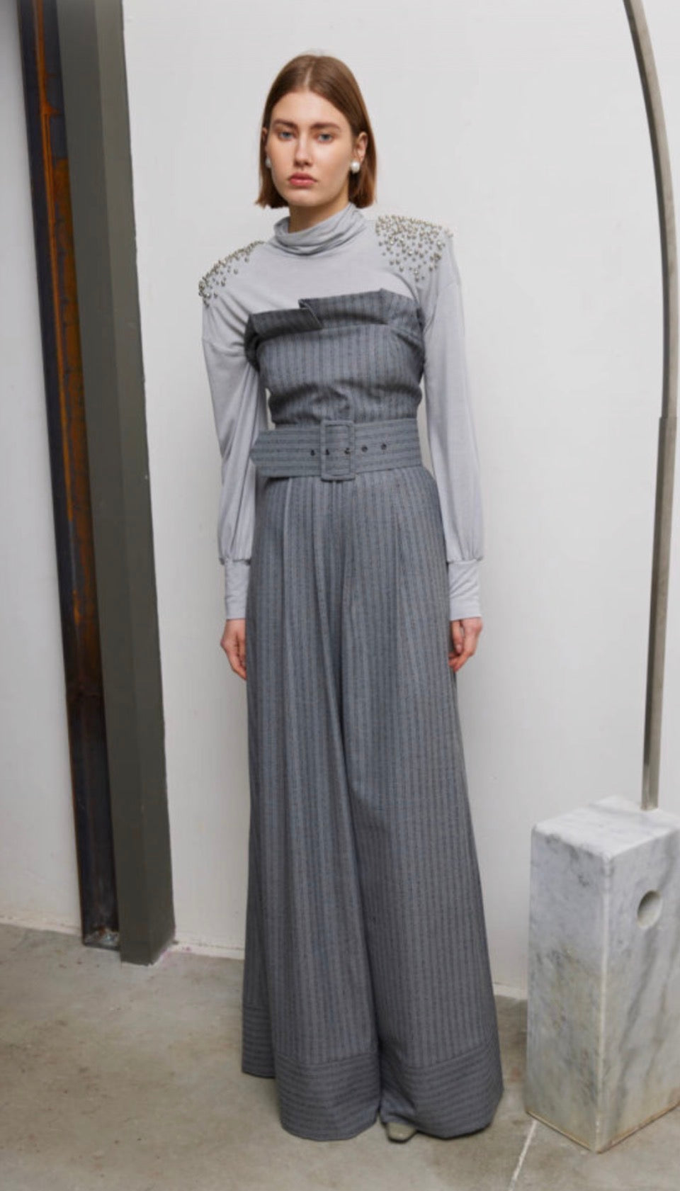 Gray striped strapless jumbsuit Baroc Boutique